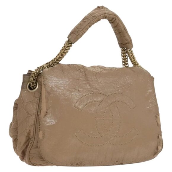 CHANEL Chain Shoulder Bag Vinyl Coated Leather Beige Gold CC - Picture 1 of 15